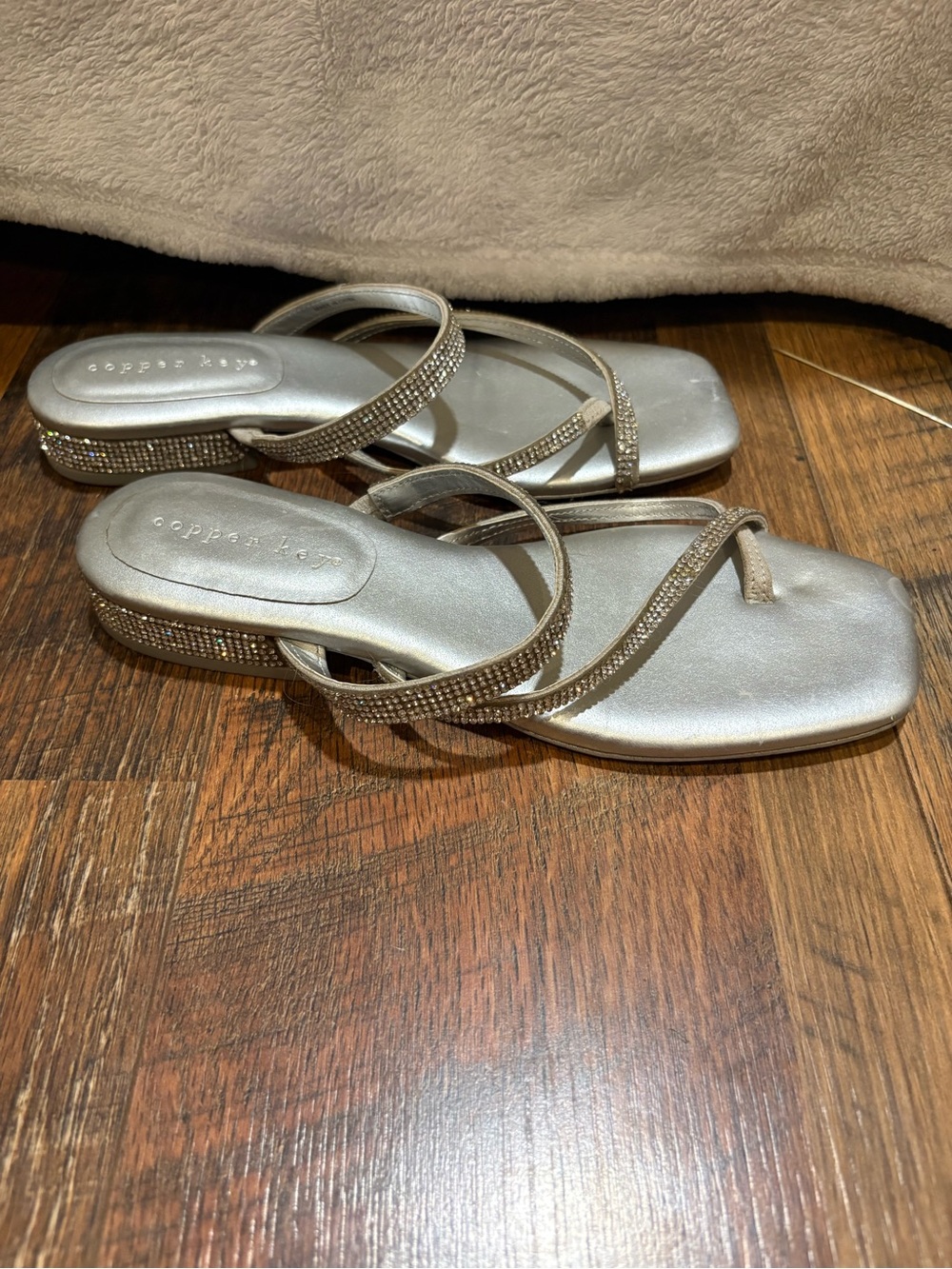 Copper Key Silver Rhinestone Strappy Sandals - Picture 2 of 4